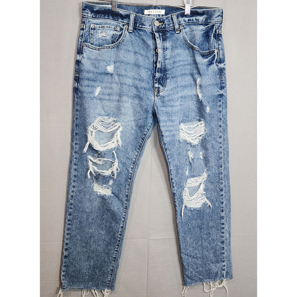 PacSun Jeans Men's Vintage Loose Crop Distressed Blue Denim Raw Hem Fringe Sz 34